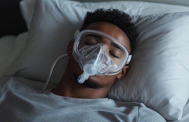 Poster - A man wearing an oxygen mask is lying on the bed, sleeping with his eyes closed and head tilted up