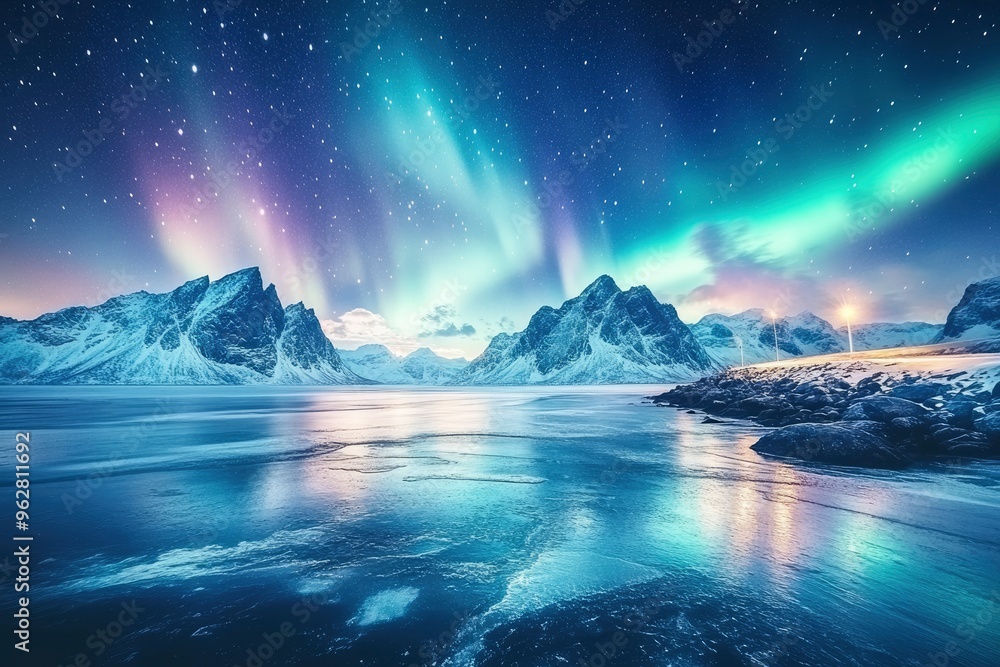 Northern lights over the snowy mountains, frozen sea, reflection in ...
