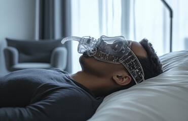 Poster - A man wearing an oxygen mask is lying on the bed, sleeping with his eyes closed and head tilted up