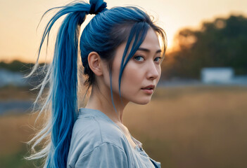 long haired woman with blue ponytail