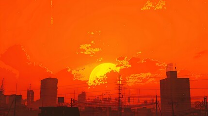 Wall Mural - A vibrant sunset casts an orange glow over a city skyline, with silhouettes of buildings and power lines.