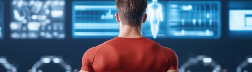 Wall Mural - futuristic gym, athletes using wearable monitors, holographic displays of health metrics, advanced t