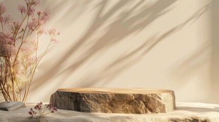 Poster - Podium made of stone and wood for showcasing products. Natural beige background with abstract nature scene for product display.