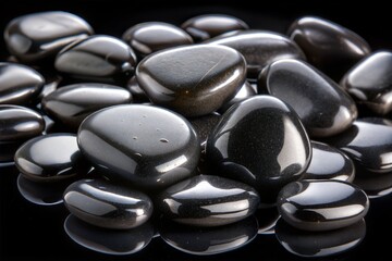 Wall Mural - Close-up of polished black pebbles reflecting light on glossy surface