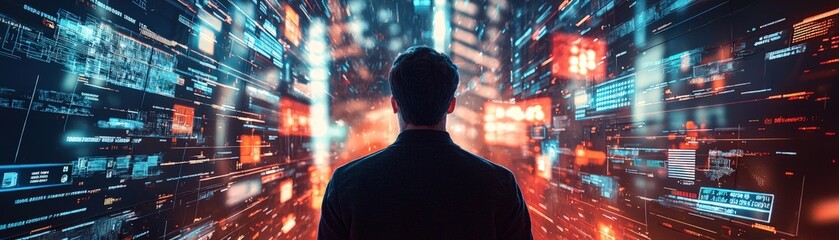 Man Standing in Front of a Wall of Digital Data.