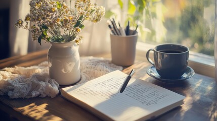 Wall Mural - Creative Writing Workspace with Flowers and Coffee