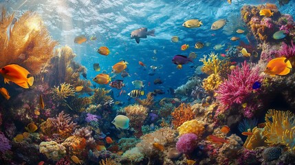 A vibrant coral reef teeming with life, with fish of all shapes and sizes swimming among the coral