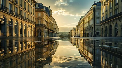 Wall Mural - A serene street scene reflecting buildings in a puddle at sunrise.