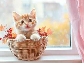 Wall Mural - A cute orange and white kitten is sitting in a basket with autumn leaves