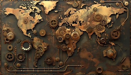 steampunk world map: a captivating steampunk world map crafted from intricate gears, cogs, and bronz