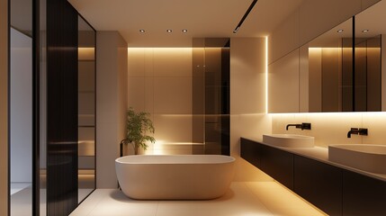 Poster - A sophisticated bathroom with a freestanding bathtub, sleek floating vanity