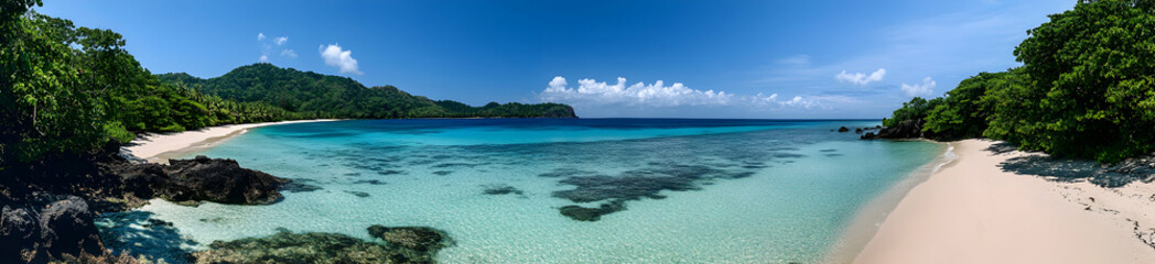 A sweeping view of a tropical coastline with crystal-clear waters gently lapping at a pristine white sandy beach, surrounded by lush greenery under a cloudless sky