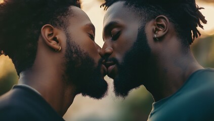 Close-up portrait of two black gay men kissing