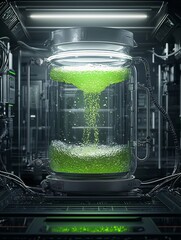 Wall Mural - A space-themed cauldron bubbles with neon green liquid in a futuristic lab, surrounded by advanced technology and eerie lighting. The scene offers plenty of room for text or visuals.