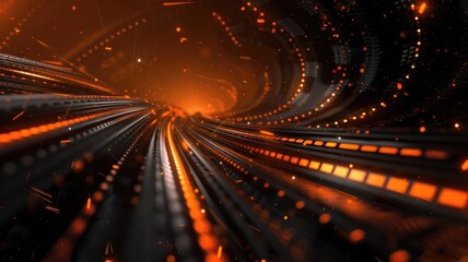 Wall Mural - Abstract digital tunnel with glowing orange and black lines. Digital artwork of vibrant glowing orange color and black background. Futuristic technology and data flow concept. Cyber tunnel. AIG53.