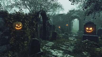 Wall Mural - Eerie Halloween Scene in Mysterious Overgrown Ruins