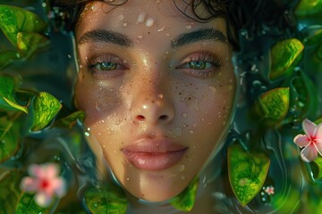 A serene moment in nature with a young person surrounded by water and greenery under soft lighting during a calm afternoon