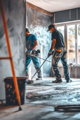 Two workers paint walls in a new apartment. Construction project with blue and black shirts. Paint roller, brush, and buckets on concrete floor. Indoor setting with gray wall and window.