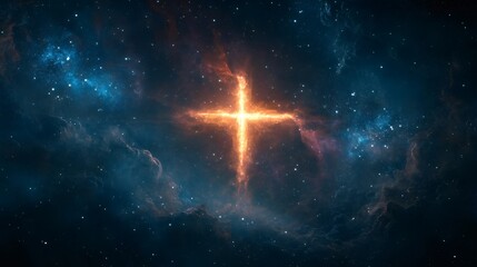 Wall Mural - A fiery cross blazes in a starry sky, a nebula of cosmic dust surrounds it, with bright white stars scattered across the scene.