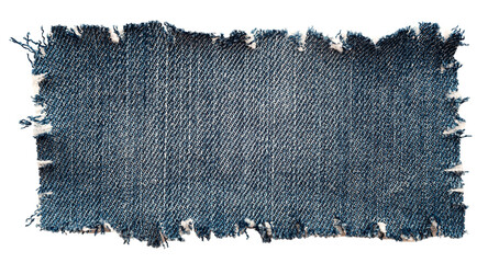 Sticker - Piece of torn denim on a white background. Denim texture