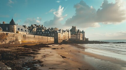 A scenic coastal view featuring historic buildings along a sandy beach under a blue sky with clouds.