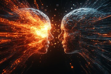 Poster - Cognitive gear Brain connectivity Dynamic illustration of two faces with glowing neural networks symbolizing intellectual synergy and mental energy exchange