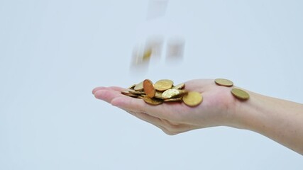 Wall Mural - Slow motion video of coins falling into people hand