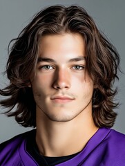 Wall Mural - A young man with long hair wearing a purple shirt