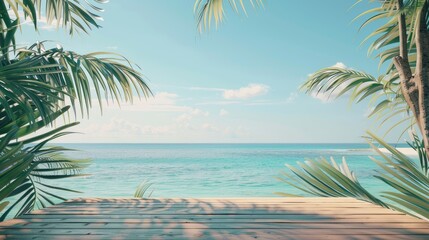 Sticker - Tropical beach scene with empty table for product display. Summer vacation concept.