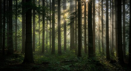  A misty forest at dawn with sunlight filtering through the trees