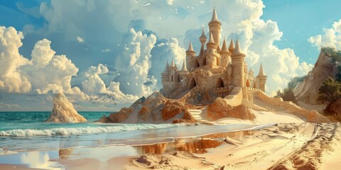 Landscape summer vacation holiday travel ocean sea background panorama - Close-up of sand castle on the beach, sunshine