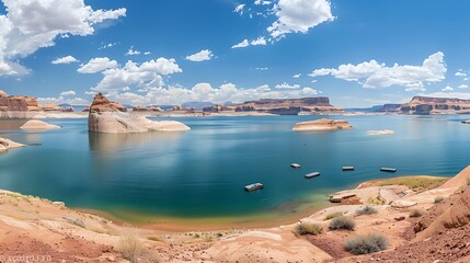 A serene landscape featuring calm waters, rock formations, and a clear blue sky.