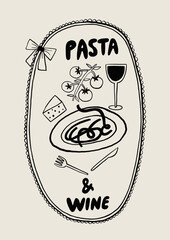 Elegant Illustration of Pasta, Wine, and Cheese Dining Theme