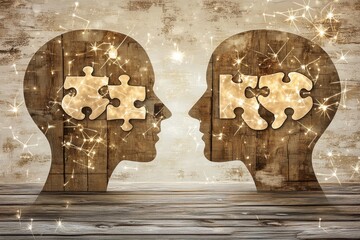 Poster - Neuroprosthetics Cognitive interface Sepia toned silhouettes of two heads with puzzle pieces representing mutual understanding and intellectual connection