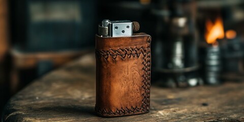 Leather lighter case on wooden surface.