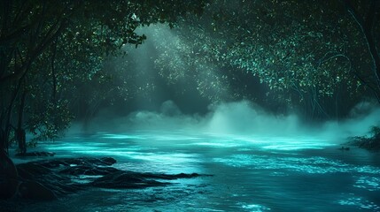 Bioluminescent Mangrove Lagoon with Glowing Phosphorescent Waves and Mist Shrouded Mysterious