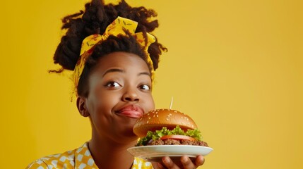 A happy woman with a playful expression holds a large burger, set against a yellow background. Her cheerful demeanor and the vibrant setting make this image perfect for themes related to fast food