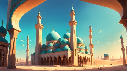 A blue and white building with a blue dome sits in a desert