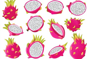 Wall Mural - Isolated set of Pitaya. Collection of ripe dragon fruit or pitahaya, half and slice of fruit on white background. 