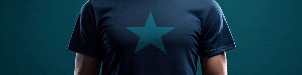 Wall Mural - Subtle star icon on a navy t-shirt, solid teal background.