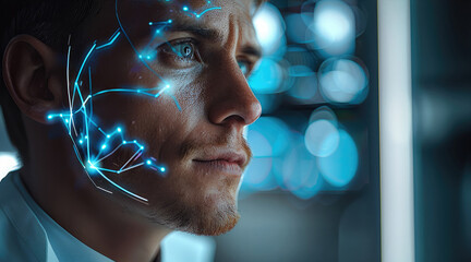 Poster - A doctor who is half human and half hologram. intended to draw emotional attention to the connection between human and artificial intelligence. Generative AI.