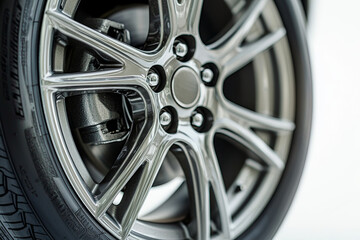 A close-up view of a modern car wheel showcasing its intricate design and shiny finish.