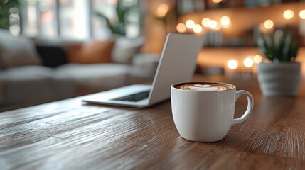 Ultra-realistic coffee and laptop desk setup, close-up of coffee mug with laptop, detailed textures, natural light, high-definition clarity, warm professional ambiance, soft focus background