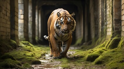 Wall Mural -  A tiger striding confidently through an old, decaying corridor with mud splashed across the ground and moss creeping up the broken walls --ar 3:2 --v 4