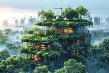 City of the future, wind turbines with green ecological gardens and solar panels.