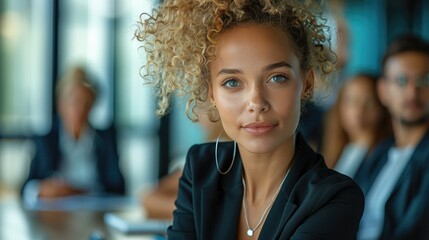 Wall Mural - Portrait of a woman in a meeting with a team of diverse professionals at the negotiation table. Generative AI.