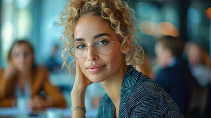 Poster - Portrait of a woman in a meeting with a team of diverse professionals at the negotiation table. Generative AI.