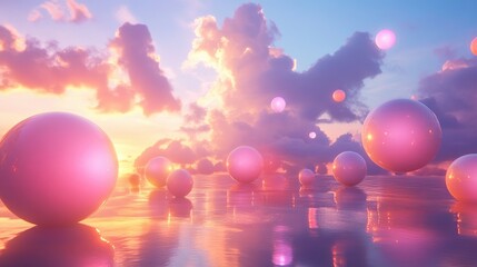 Wall Mural - Glowing geometric spheres with soft colored lights, floating dreamily in the sky, casting a surreal ambiance in a peaceful scene