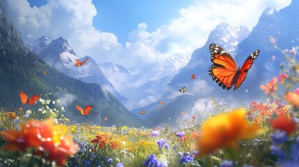 Lush flower field, butterflies fluttering under soft sunlight, and elegant mountains in the background, creating a peaceful, dreamlike scene