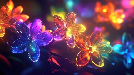 Mesmerizing glowing rainbow-colored abstract flowers, with luminous petals and radiant light effects on a dark, dreamlike backdrop